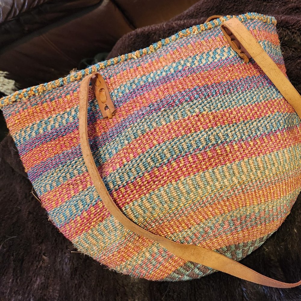 African tote bag, Sisal, Muted Colors, leather handles
